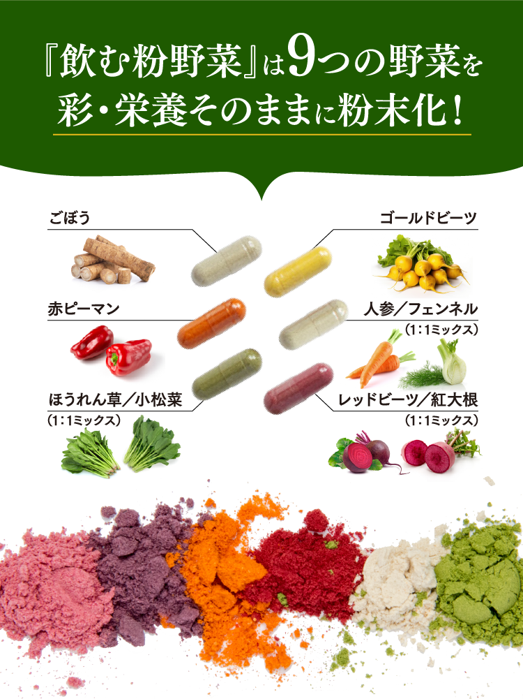 『飲む粉野菜』は9つの野菜を彩・栄養そのままに粉末化!